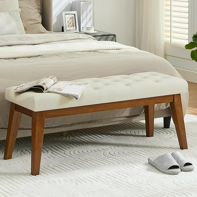 43.5'' Faux Leather Bedroom Bench, Upholstered End of Bed Bench with Tufted Button, Padded Vintage Dining Bench, Entryway Bench with Solid Wood Legs, Kitchen, Living Room, Hallway, Beige Tufted
