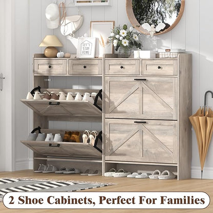 Shoe Cabinet with 2 Flip Drawers & 2 Storage Drawers, Rustic Farmhouse Narrow