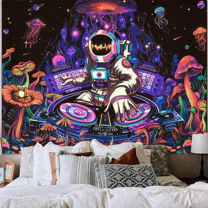 Blacklight Astronaut Tapestry Glow In The Dark Funny DJ Music Tapestry UV Reactive Space Galaxy Planet Mushroom Floral Jellyfish Frog Tapestries Wall Hanging for Home Dorm Living Room Decor W59×H51