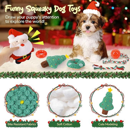 KIPRITII 9 Pack Xmas Puppy Dog Toys Set with Dog Squeaky Toys, Chew Toys & Puppy Teething Toys for Small Dogs and Puppies