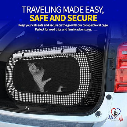 Pet Fit For Life Extra Large Cat Carrier for Travel - Foldable & Portable Collapsible Kennel with Litter Box, Feather Toy & Water/Food Bowl - Ideal for Cars, Long Trips & Indoor Cats - Black Checkers