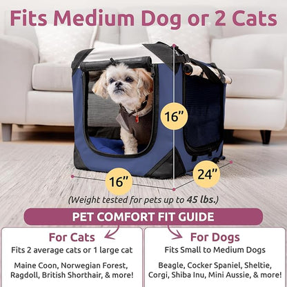 Dog & Cat Carrier, Large, Navy | Soft-sided, Fits Large Cat, 2 Cats, or Medium Dog Comfortably, Great for Travel & Vet Visits, Privacy Windows, Removable Bed