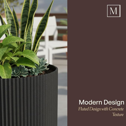 Mayne Haven 12-Inch Fluted Planter, Round Planters for Outdoor Plants, Lightweight Concrete Look Plant Pots for Porch, Patio, Garden and Entryway Décor, Chai