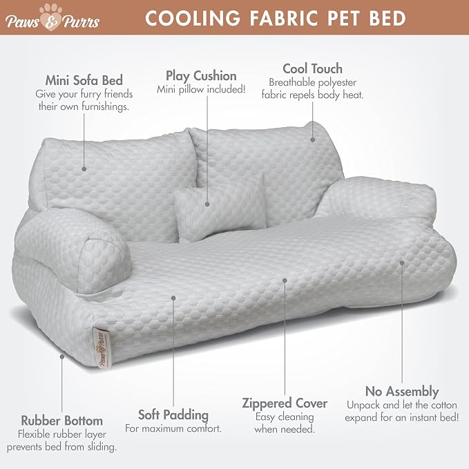 Paws & Purrs Cooling Pet Sofa Bed for Small Dogs or Cats, Breathable Fabric, Supportive Bolsters, Removable Washable Cover, Non-Slip Base, Sofa Pet Lounger Includes Mini Play Cushion, Light Gray