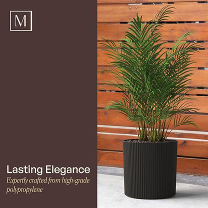 Mayne Haven 14-Inch Fluted Planter, Round Planters for Outdoor Plants, Lightweight Concrete Look Plant Pots for Porch, Patio, Garden and Entryway Décor, Black
