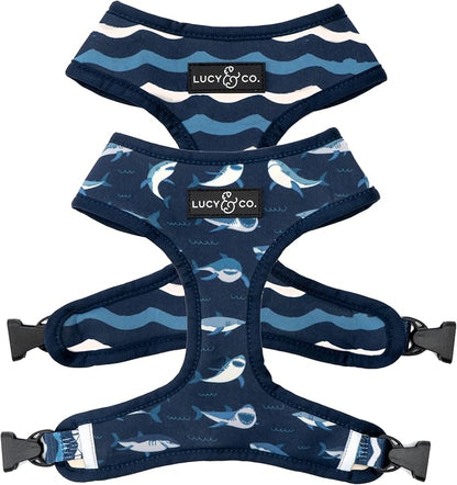 Reversible Dog Harness Walking Halter - Best Designer Pet Harnesses for Extra Small Medium Large XL Dogs Plus Pug Breeds - Padded Adjustable Puppy Vest for Easy Walking (X-Large, Shark Attack)