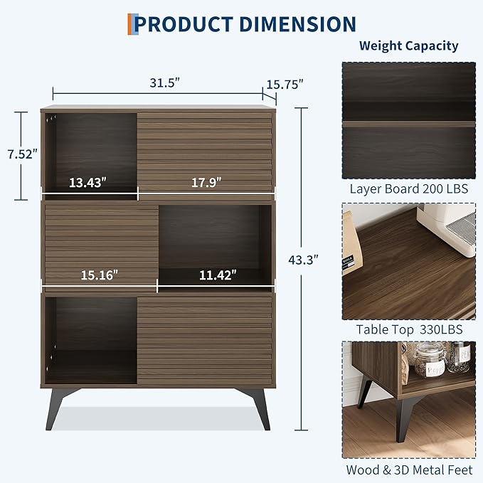 IDEALHOUSE Fluted Cabinet with Sliding Doors, Modern Wooden Storage Cabinet