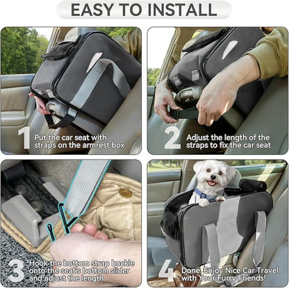 PETSFIT Multipurpose Center Console Dog Car Seat, Airline Approved Dog Car Carrier with Safety Tether and Pockets, Portable Cat Car Seat, Dog Car Seats for Small Dogs, Cats Up to 9 LBS (Deep Grey)