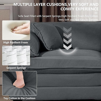 Aoowow Corduroy 3 Seater Sofa Couch,Modern Large Cloud Couches for Living Room,Modular Sectional Cloud Sofas with Deep Seat,Oversized Tufted 3 Seat Sofa Set. (Grey, 3 Seater)