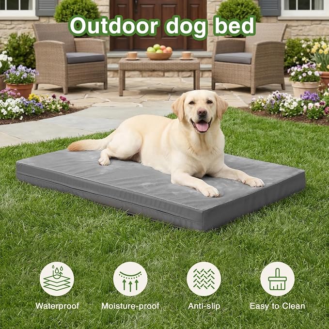 Waterproof XXXL Dog Bed, Outdoor Washable Large Foam Crate Pad 54"Anti-Slip | Jumbo Pet Bed, Reversible Faux Leather & Flannel, Durable Removable Cover, Kennel Pad 53"x36" Gray