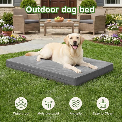 Waterproof XXL Dog Bed, Outdoor Washable Large Foam Crate Pad 48" Anti-Slip | Jumbo Pet Bed, Reversible Faux Leather & Flannel, Durable Removable Cover, Kennel Pad 47"x29" Gray