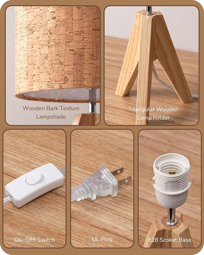 EDISHINE Small Table Lamp, Wooden Tripod Nightstand Lamp with Bark Linen Shade, Farmhouse Bedside Lamp for Nursery, Bedroom, Kids Room, Office, Reading Desk, 14.2 Inch, E26 Socket, ON/Off Switch