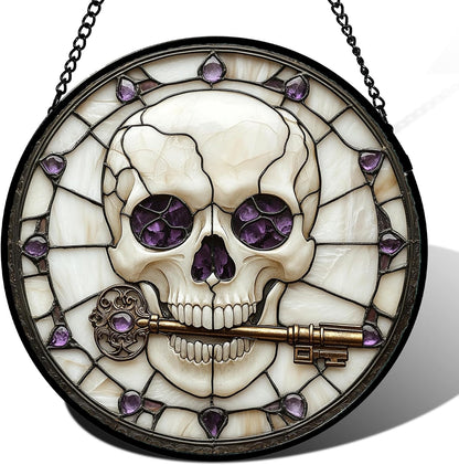 Stained Glass Window Hanging - Halloween Scary Skull Suncatcher for Doors Garden Home Spooky Purple Skeleton Key Sun Catchers Gothic Decor Horror Gifts for Women Men Friend Boy Girl 9.8 in