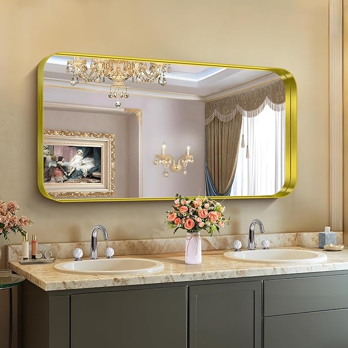 CIRCUMI Gold Bathroom Mirror, Rounded Corner, Tempered Glass, Large Mirror