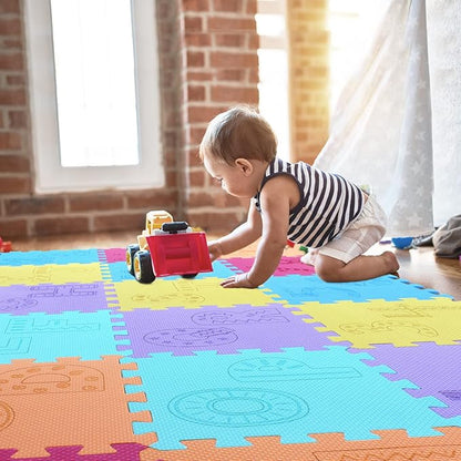 qqpp EVA 18 Tiles Baby Play Mat for Playing, Interlocking Foam Floor Mats for Tummy Time & Crawling, Puzzle Flooring Tiles with Alphabet & Numbers Laser Pattern for Kids. QL-99(BEGHIK) b18N