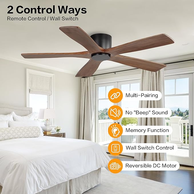 WINGBO 48" Flush Mount DC Ceiling Fans without Lights, 5 Carved Solid Wood