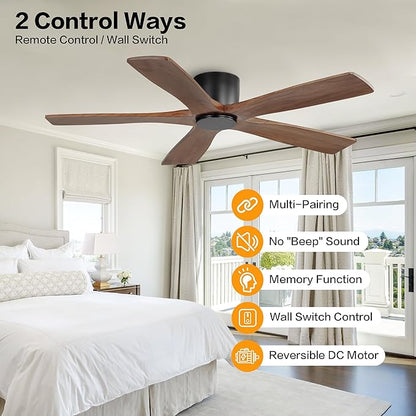 WINGBO 54" Flush Mount DC Ceiling Fans without Lights, 5 Carved Solid Wood