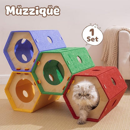 Cat Tunnel Bed, for Indoor Cats, DIY Transformable Pet Tunnel Tube, 8 Way Hiding Large Washable Kitty Play Toy, Puppy Circle House, Expandable Hideaway Peekaboo Kitten/Rabbit Cave, Hideout Cube, 1 Set