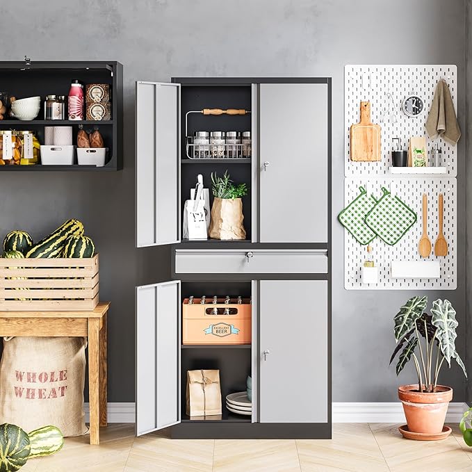 MIIIKO Storage Cabinet with 4 Doors, Metal Garage Cabinet with Drawer and