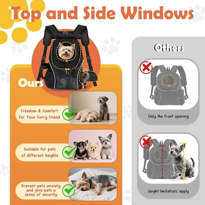 WOYYHO Pet Dog Carrier Backpack with Windows, Ventilated Small Dog Backpack | Breathable Top & Side Windows, Safety Belt, Storage Pockets, Small Dog Front Backpack, for Travel Hiking Outdoor, Black2.0, L