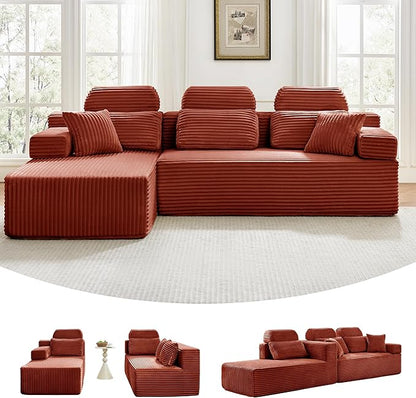 104" L-Shaped Cloud Modular Sectional Sofa with Chaise & Headrest, Boneless Deep Seat Plush Corduroy Couches for Large Living Room, No Assembly Required (Orange, 104" L-shapred Chaise)