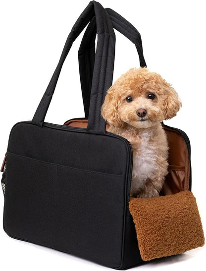 Black Dog Purse Carrier for Small Dogs – Cotton Padded Interior, Multiple Pockets, Breathable Mesh & Comfortable Strap, Durable Polyester Travel Bag, Lightweight Cat Carrier, Versatile Small Pet Bag