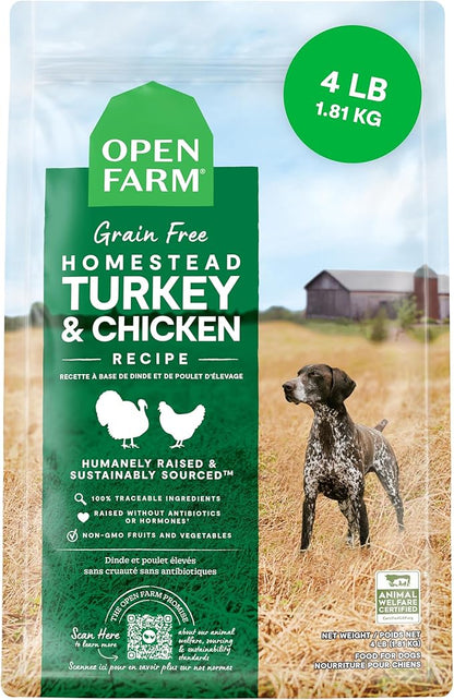 Open Farm, Grain-Free Dry Dog Food, Complete & Balanced Kibble, Sustainably & Ethically Sourced Ingredients, Non-GMO Veggies & Superfoods to Support Overall Health, Turkey and Chicken Recipe, 4lb Bag