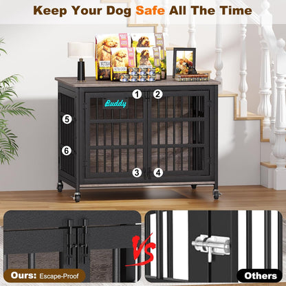 EasyCom 42"/41"/33" XL Dog Crate Furniture with Casters, Heavy Duty Dog Kennel Indoor for Large and Medium Dogs, Double-Doors Sturdy Dog Cage for Anxiety Dog, Decorate House as TV Stand, Bedside Table