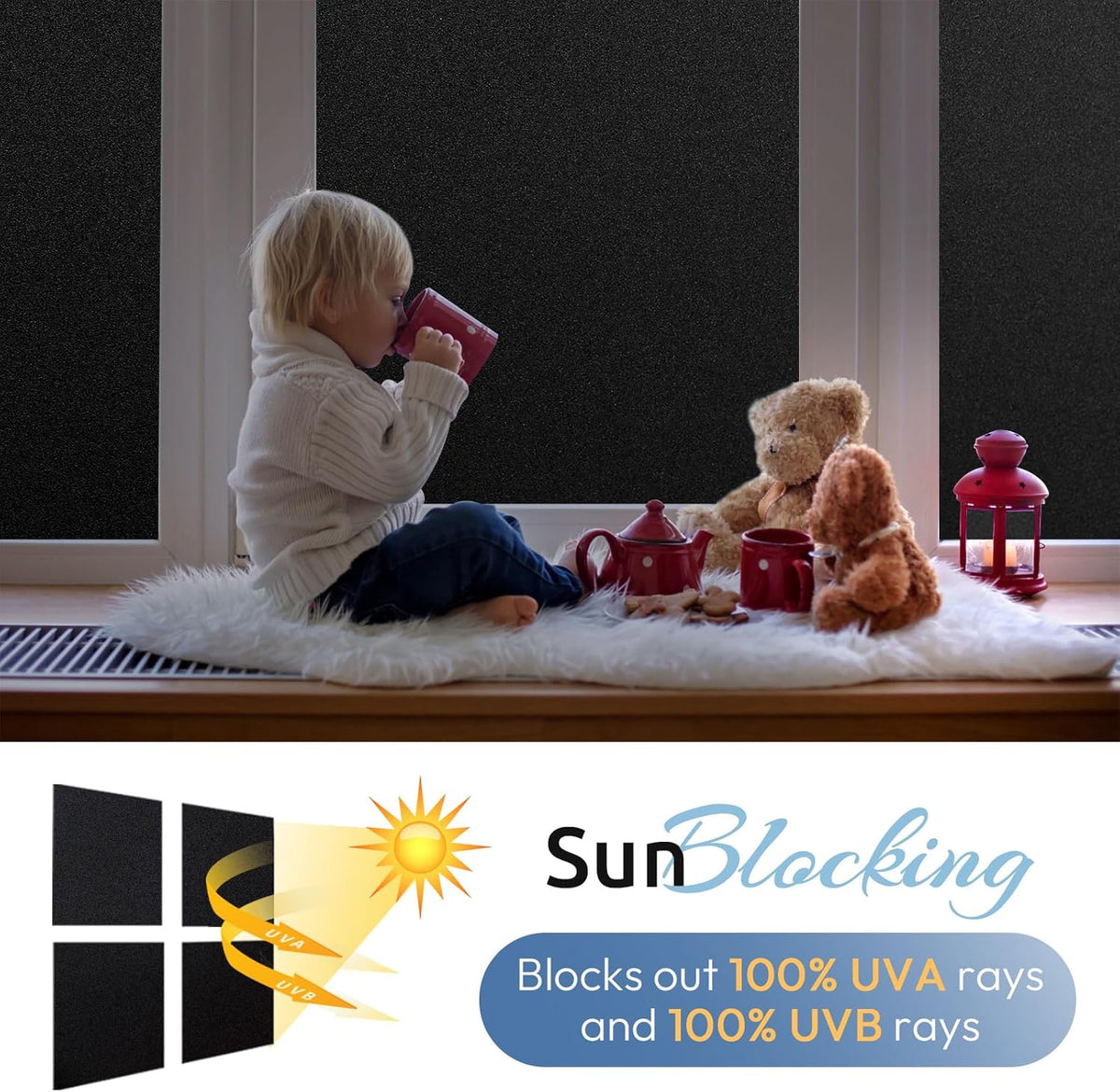 rabbitgoo Blackout Window Film, Sun Heat Blocking Privacy Cover for Glass, Removable Opaque Room Darkening Dark Black Out Window Covers Tint Shades for Home Day Sleep Light Blocker 35.4 x 118.1 Inches