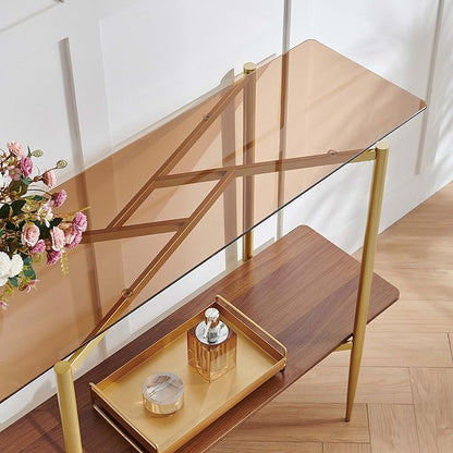 Pine Flicker Rectangle Glass Console Table, Mid-Century Modern Design, L41*W14*H32 inch, for Living Room, Amber Glass Top and Walnut Finish Wood Shelf, Conical Metal Legs with Gold Finish