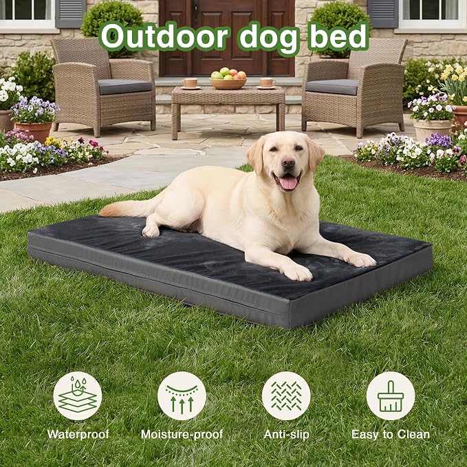 Waterproof XL Dog Bed Outdoor Orthopedic Washable Extra Large Crate Pad 42" | XLarge Foam Pet Bed, Durable Removable Cover, Reversible Faux Leather & Flannel, Anti-Sli Kennel Pad 41"x27" Dark Gray
