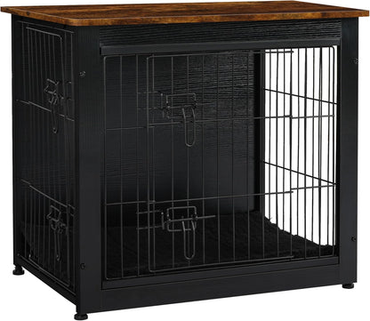 DWANTON Dog Crate Furniture with Cushion, Wooden Kennel Table with Double Doors, Indoor Dog House, Small/Medium/Large Size, 27.2" L, Black+Rustic Brown