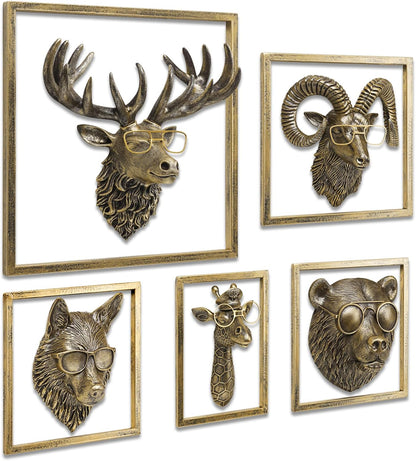 JJALIGHTS Animal Heads Wall Decor Resin Animals Sculptures Head Wall Hanging Decoration Imitation Copper vintage Wall Sculpture for Living Room Bedroom Office(5pcs,Includes Metal Frame)