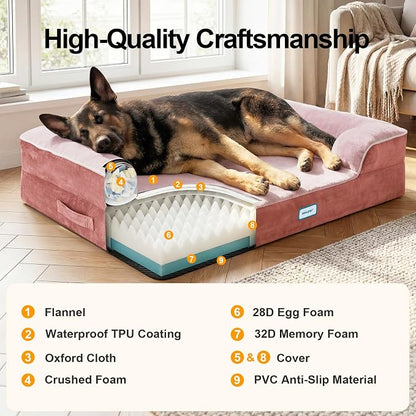 OhGeni Orthopedic Extra Large Dog Bed Couch, Memory Foam, 44-inch (Pink) | Waterproof Pet Bed with Machine-Washable Removable Cover & Soft Comfortable Fabric