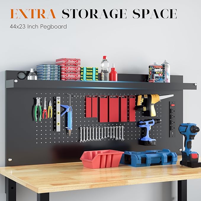 60" Heavy Duty Adjustable Workbench with Large Pegboard& Partition, Adjustable Work Table with Power Outlets & Lockable Wheels, Rubber Wood Workstation for Garage, Workshop, Office, Home, Commercial