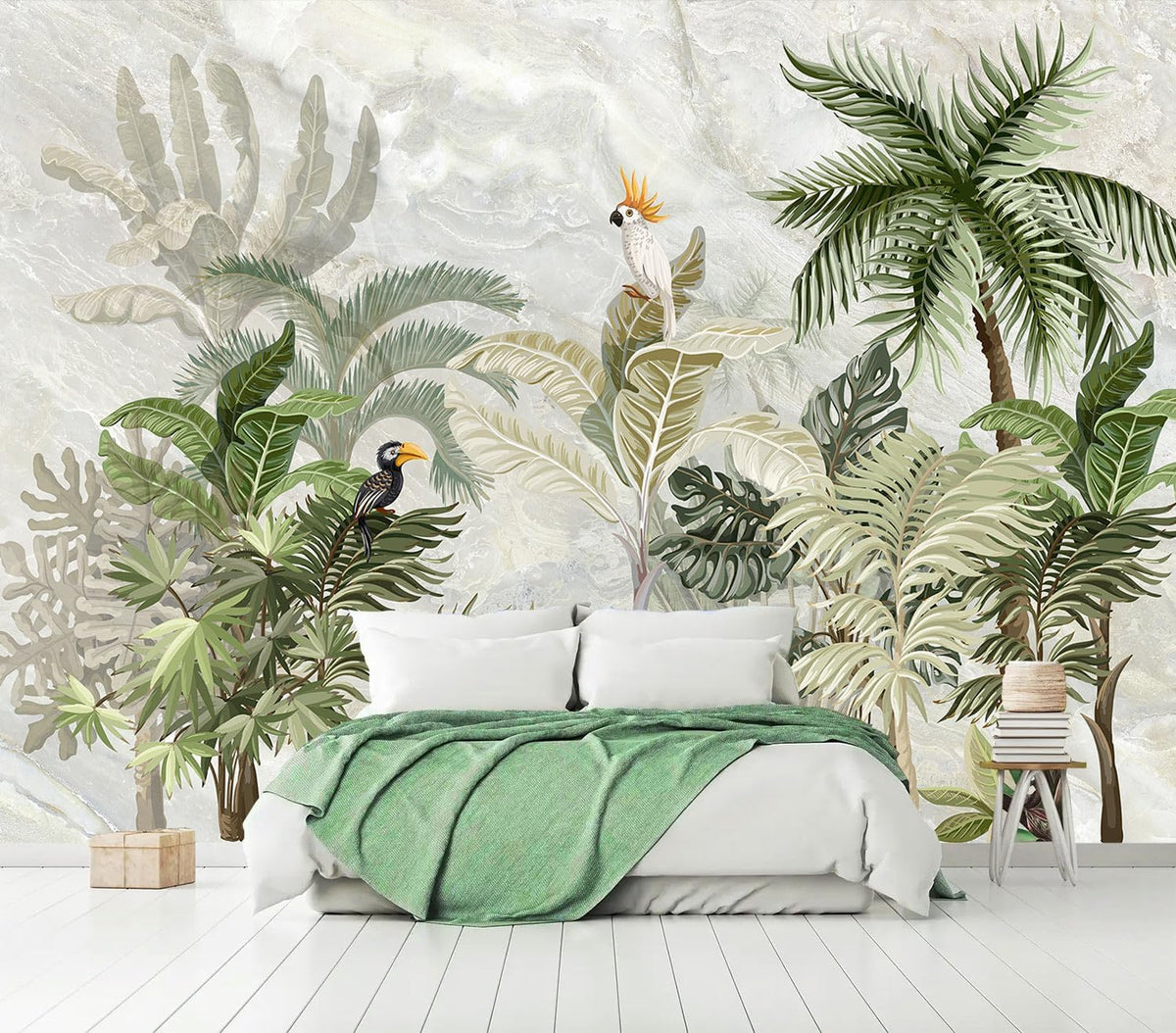 AFZEVEB-Green Forest Nursery Wallpaper Tropical Parrots Wall murals for Kids Room 136"x96" (Not Peel and Stick)