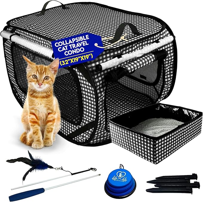 Pet Fit For Life Extra Large Cat Carrier for Travel - Foldable & Portable Collapsible Kennel with Litter Box, Feather Toy & Water/Food Bowl - Ideal for Cars, Long Trips & Indoor Cats - Black Checkers