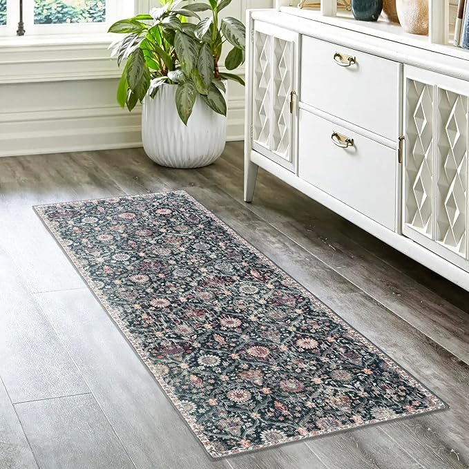 Lahome Moroccan Trellis Washable Runner Rug, 2x6 Kitchen Runners for Hallways 6 Feet Non Slip, Vintage Laundry Room Rug Ultra-Thin Long Carpet for Bathroom Bedroom Entryway, Black/Multi