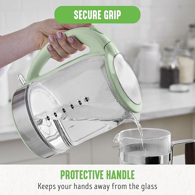GreenLife 1.7 Liter Glass Electric Kettle, Easy One Touch Use, Quick Heating