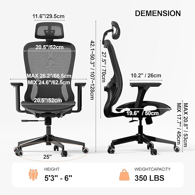 Office Chair Ergonomic Desk Chair, 350 LBS Mesh Office Chair with Lumbar Support, Comfy Desk Chair with Wheels, Big and Tall Chair for Study Work Gaming (04black)