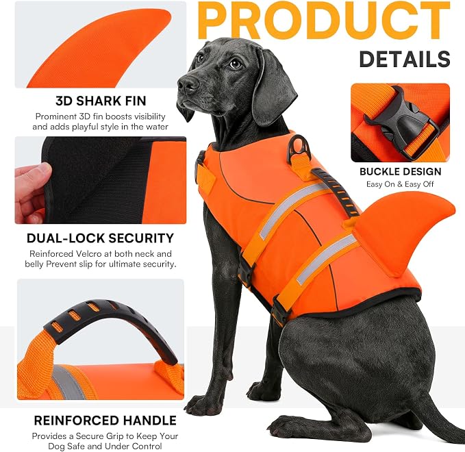 Dog Life Jacket, Dog Life Vest for Swimming, Medium Dogs Shark Swimming Safety Vest Adjustable Preserver with High Buoyancy, Pet Lifesaver for Medium Dogs, Orange M