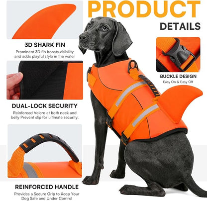 Dog Life Jacket, Dog Life Vest for Swimming, Medium Dogs Shark Swimming Safety Vest Adjustable Preserver with High Buoyancy, Pet Lifesaver for Medium Dogs, Orange M