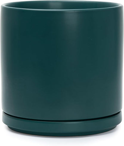 D'vine Dev 10 Inch Ceramic Planter Pot, Teal, 94-O-E-9 | Modern Cylinder Design, Drainage Hole & Saucer Included, Stable Structure, Elegant Home Accent