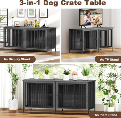 EasyCom 63" Dog Cage Furniture for 2 Pets with Divider, XL Wooden Double Dog Crate Furniture TV Stand for Mideum Breed, Durable and Sturdy