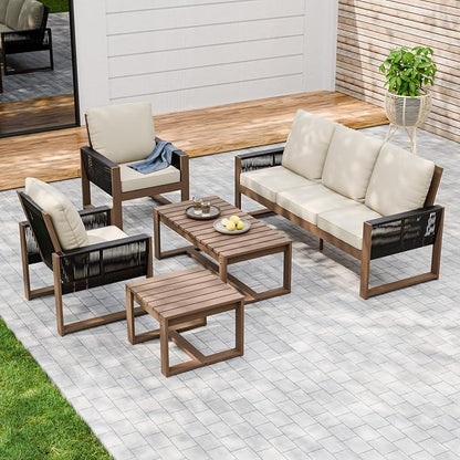 INTER HUT Rustic Hideaway Natural Cedar Wood Outdoor Furniture Set, Wicker Patio Conversation Set for Porch Garden Backyard, Couch, Patio Chairs, Tables, 5 Piece, Brownish/Beige
