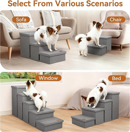 Zerbuger Dog Stairs with Storage, Grey 5 Steps Dog Ramp no Condo for Bed | 26" H Wider Dog Steps for High Beds Couch, Folding Storage Pet Stairs Gift for Climbing Small/Medium/Large Old Dogs Cats