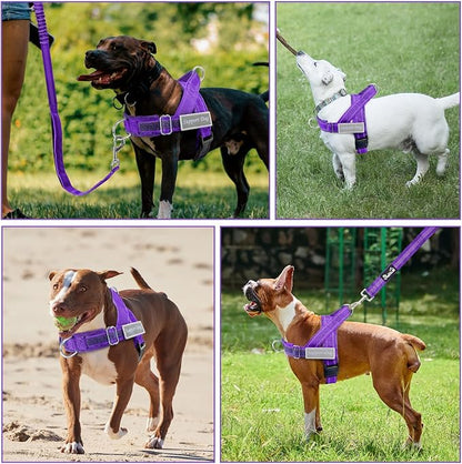 SlowTon No Pull Dog Harness with Front Clip - Heavy Duty, Soft Padded | Neck & Chest Adjustable, Tactical Pet Vest and Leash Set for Large Medium Sized Dogs, for Easy Walk & Training, Purple S