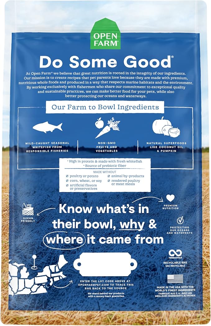 Open Farm, Grain-Free Dry Dog Food, Complete & Balanced Kibble, Sustainably & Ethically Sourced Ingredients, Non-GMO Veggies & Superfoods, Catch-of-The-Season Whitefish Recipe, 11lb Bag