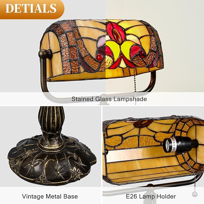 Tiffany Style Bankers Lamp - Stained Glass Desk Lamps with Baroque Design & Pull Chain, Vintage Table Lamp Bankers Desk Light for Office Bedroom Nightstand Living Room LED Bulb Included