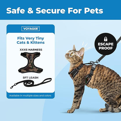 Voyager Escape Proof Cat Harness and Leash Set with Reflective Stitching, Neoprene Handle 5ft - Supports Small, Medium and Large Cats, Kittens for Walking by Best Pet Supplies - Army, XXXS